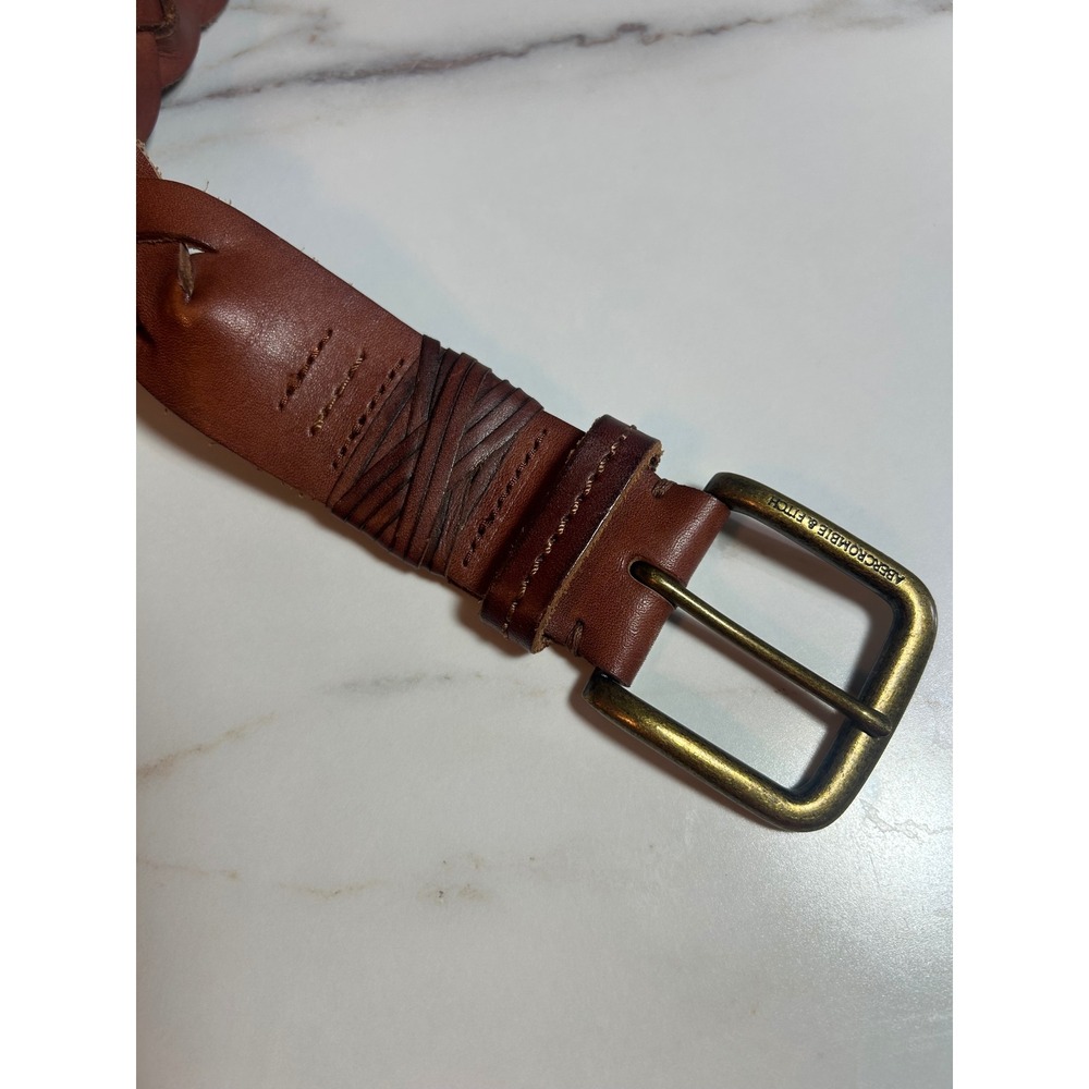 Abercrombie & Fitch Mens Braided Brown Genuine Leather Belt Brass Buckle Size L - Picture 2 of 5
